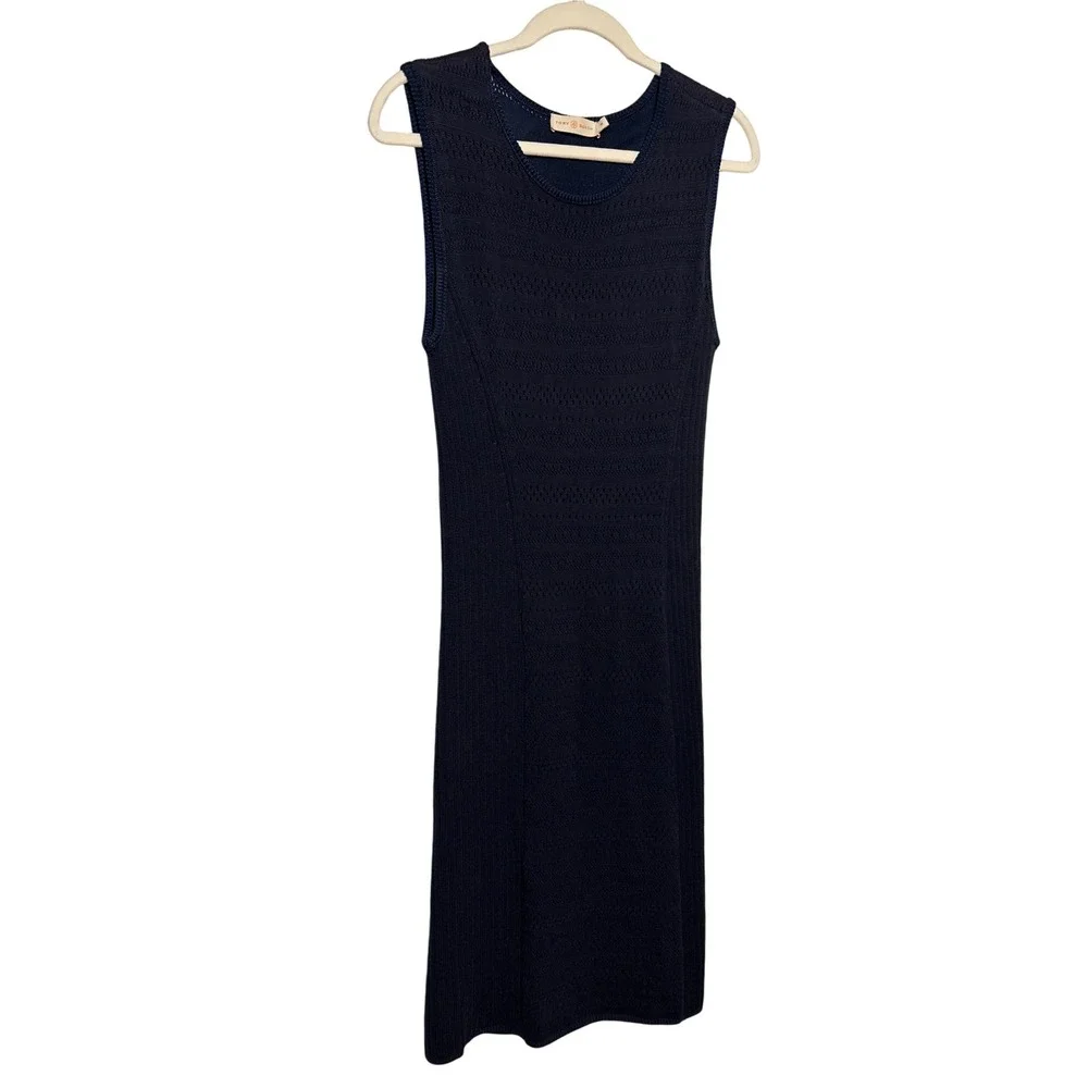 Tory Burch Penelope Pointelle Knit Slip Lined Bodycon Dress Navy Size Medium EUC